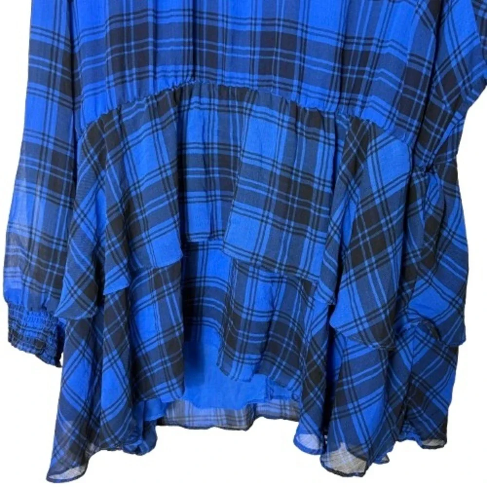Torrid Tartan Plaid Crinkle Chiffon Smock Neck Ruffle Tiered Blouse Blue Size 4X - Picture 3 of 7